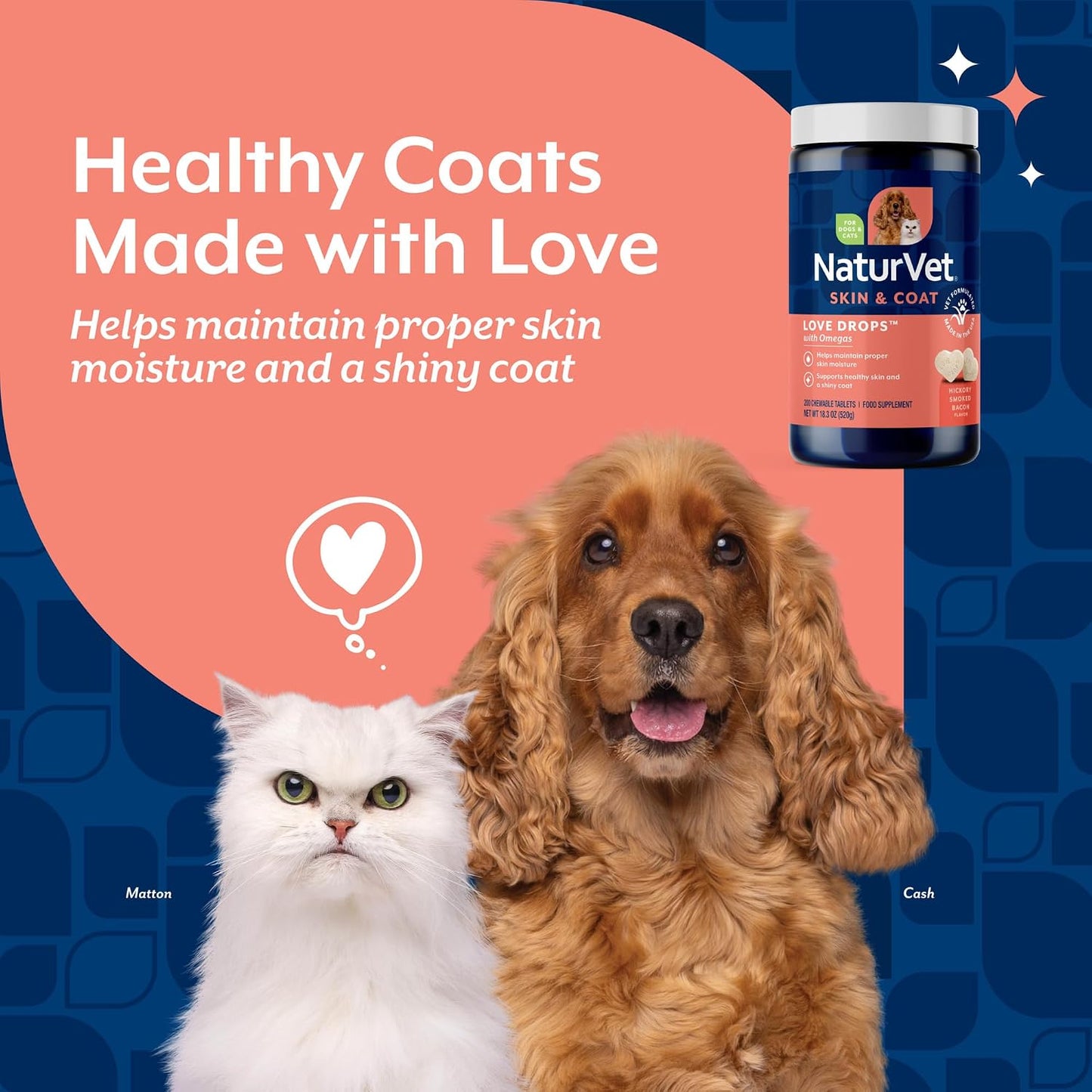 NaturVet Love Drops Plus Omegas Skin & Coat Supplement for Dogs and Cats – Peanut Butter Flavour, 200 Chewable Tablets - görsel 3