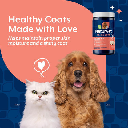 NaturVet Love Drops Plus Omegas Skin & Coat Supplement for Dogs and Cats – Peanut Butter Flavour, 200 Chewable Tablets