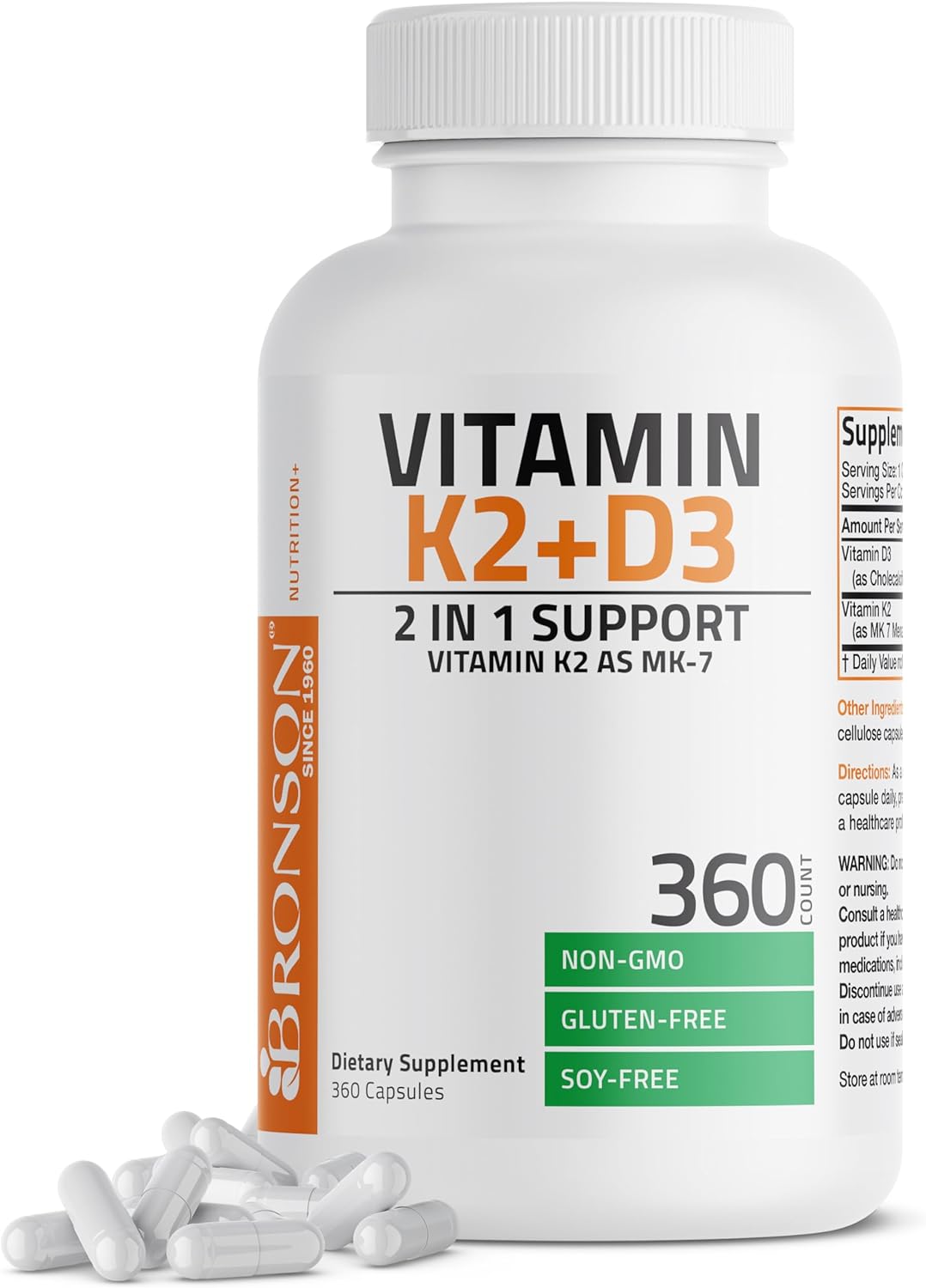 Bronson Vitamin K2 D3 (MK7) Supplement - 360 Capsules - görsel 1