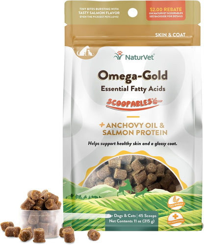 NaturVet Scoopables Omega-Gold Anchovy Oil & Salmon Supplement For Dogs and Cats - Supports Healthy Skin & Coat Plus DHA, EPA, Omega-3, & Omega-6 - Anchovy & Salmon Flavoured For Dog and Cat | 312g Bag