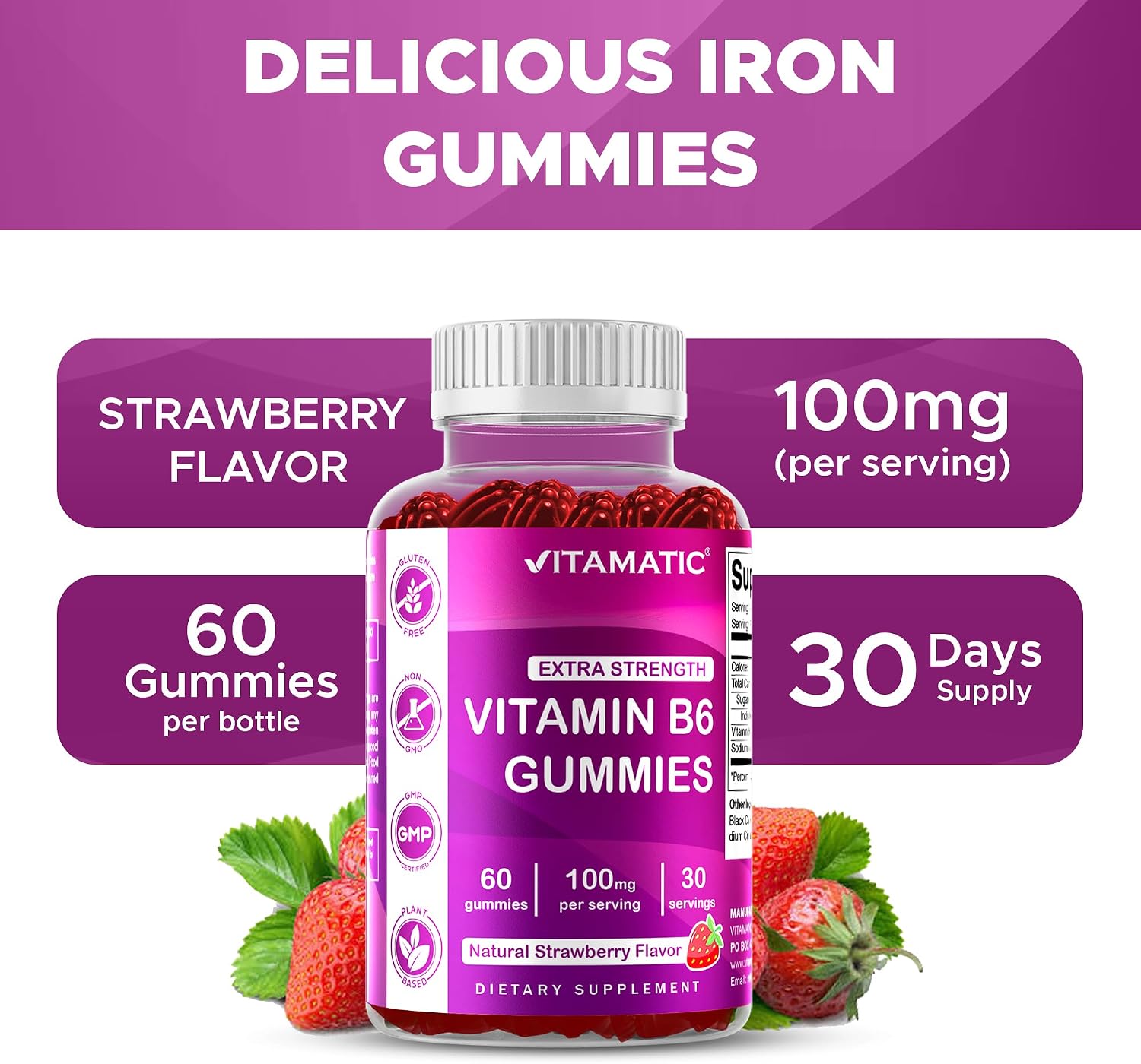 Vitamatic Vitamin B6 100mg Gummies – Natural Strawberry Flavour – 2 Pack (60 Gummies per Bottle) - görsel 4