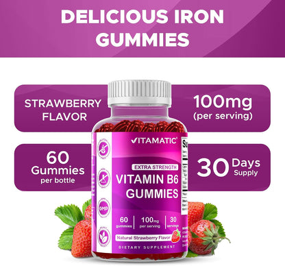 Vitamatic Vitamin B6 100mg Gummies – Natural Strawberry Flavour – 2 Pack (60 Gummies per Bottle)