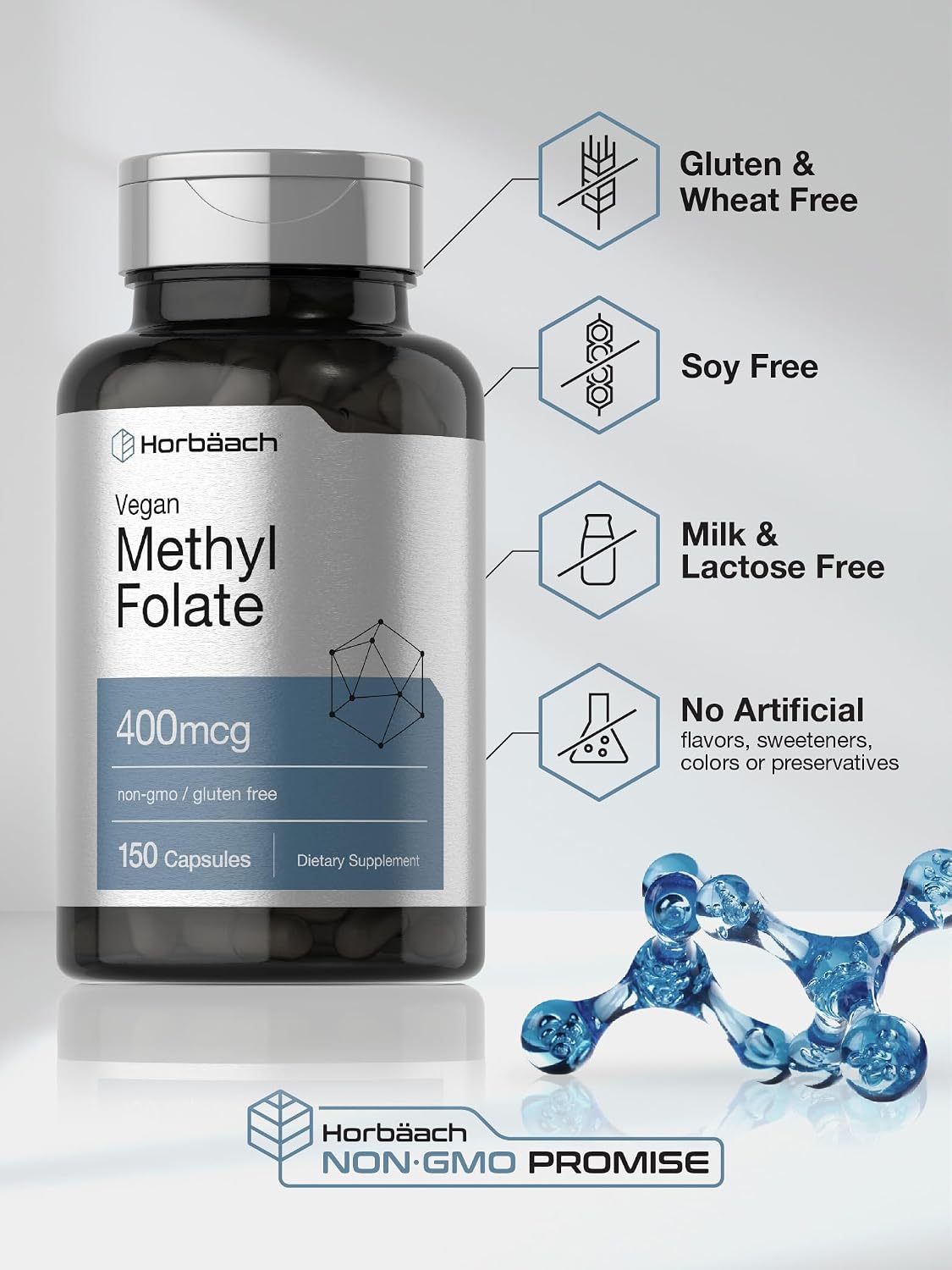 Horbäach Methyl Folate 400 μg | 150 Vegan Capsules | Non-GMO, Gluten-free | Food Supplement - görsel 5