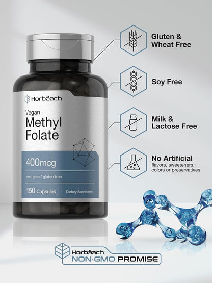 Horbäach Methyl Folate 400 μg | 150 Vegan Capsules | Non-GMO, Gluten-free | Food Supplement