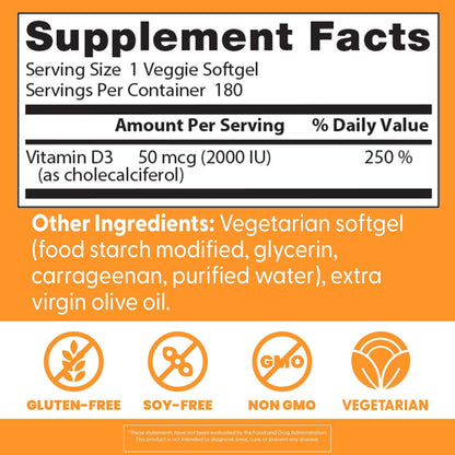 Doctor's Best Vitamin D3 2000 IU Soft gel capsules - 180 Count