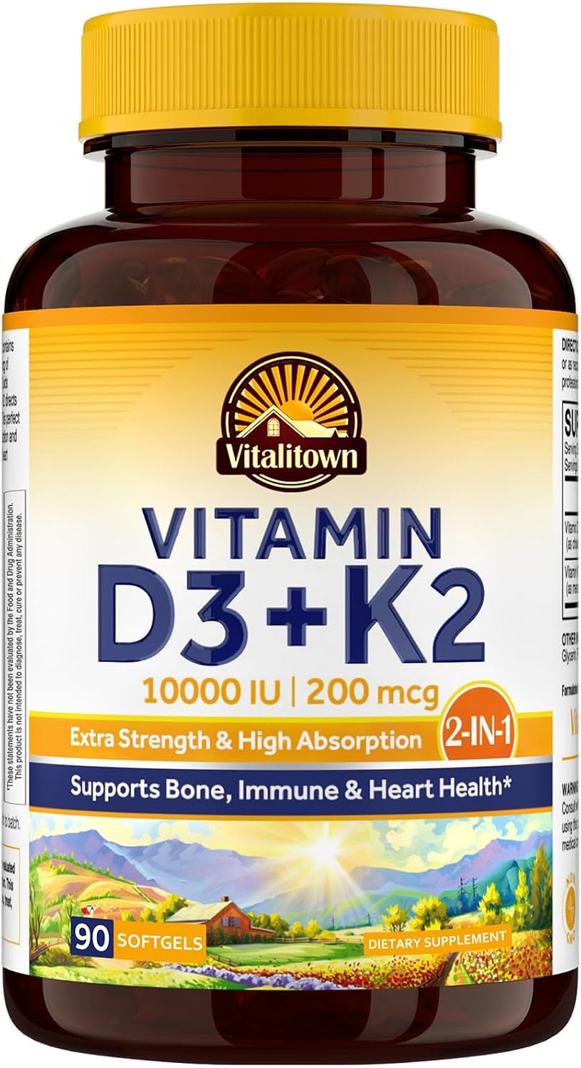 Vitalitown Vitamin D3 K2 Supplement, 10000 IU D3 + 200 mcg K2 MK-7, 90 Soft gel capsules - görsel 1