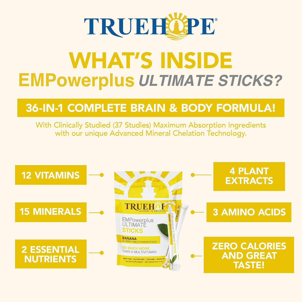 Truehope Multivitamin Nootropic Sachets with Inositol - EMPowerplus Ultimate Sticks, 30 Sachets (Banana Flavour) - görsel 4