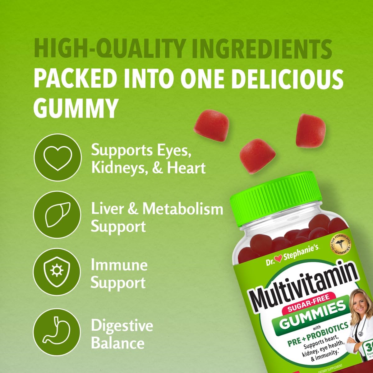 Dr. Stephanie's Multivitamin Gummies - Sugar-Free with Prebiotics and Probiotics - Daily Support for Eyes, Kidneys, Liver, Heart, and Digestive Health - Mixed Berry Flavour - görsel 4