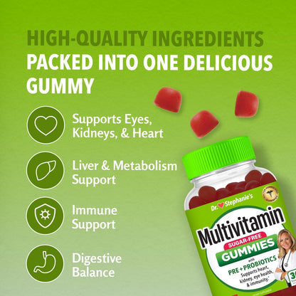 Dr. Stephanie's Multivitamin Gummies - Sugar-Free with Prebiotics and Probiotics - Daily Support for Eyes, Kidneys, Liver, Heart, and Digestive Health - Mixed Berry Flavour