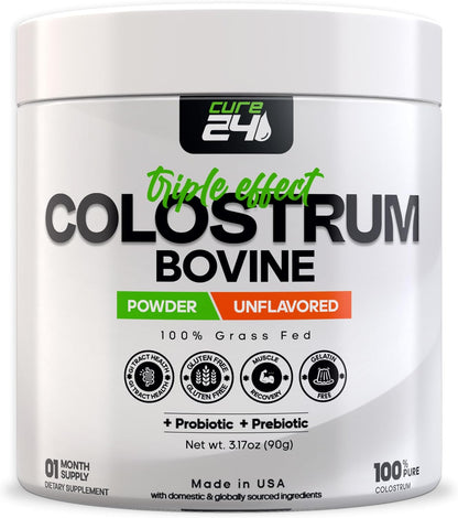 Cure24 Bovine Colostrum X3 Powder - Grass Fed, High IgG, Probiotic & Prebiotic, Unflavoured