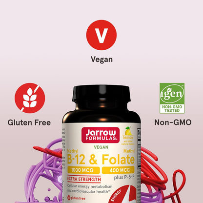 Jarrow Formulae Methyl B-12 1000mcg + Methyl Folate 400mcg, Extra Strength, with P-5-P, 100 Chewable Tabs (12-Pack)