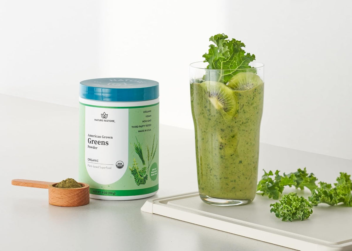 Nature Restore Organic Greens Powder (227 g). 100% Pure Grown in USA Kale, Wheatgrass & Barleygrass. Alkaline-Forming Morning Green Juice Shot & Digestive Support. No-Mess Juicer Alternative, Gluten-Free - görsel 5