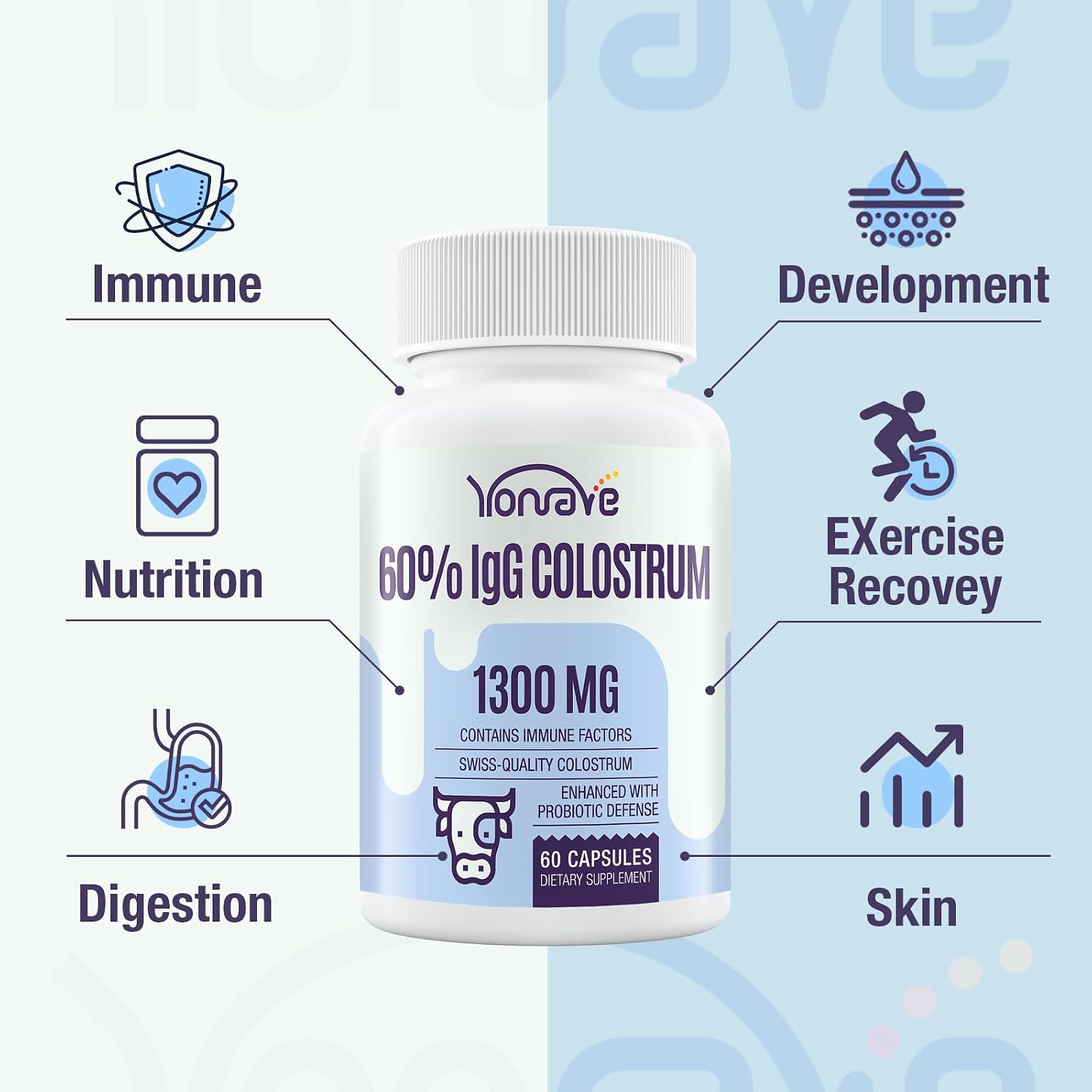 Yonrave Bovine Colostrum Capsules 1300mg - Extra High 60% IgG - Immune, Gut, Bone & Exercise Support - 60 Capsules - görsel 3