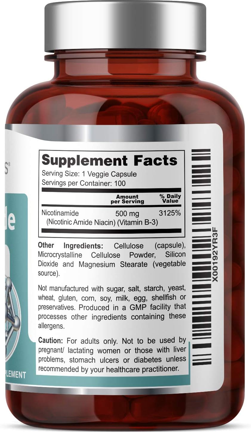 B-3 Nicotinamide 500 mg – 100 Vegan Capsules – Flush-Free Vitamin B3 Supplement for Skin and Energy Support - görsel 3