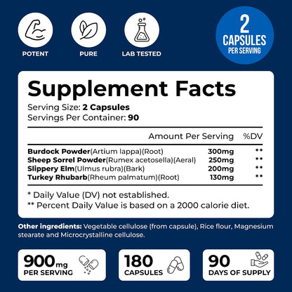 We Like Vitamins Essiac Tea Capsules - 180 Count - 900mg Daily Dose - Herbal Supplement with Burdock, Sheep Sorrel, Slippery Elm & Turkey Rhubarb