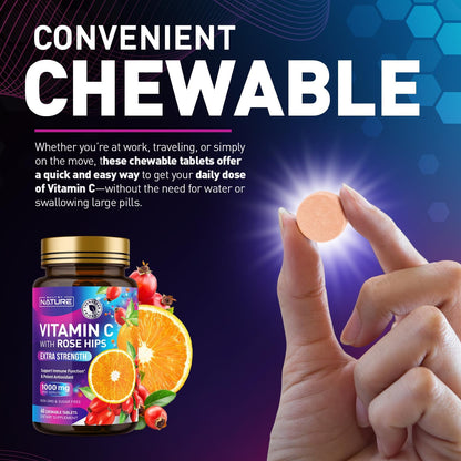 Built by Nature Chewable Vitamin C with Rose Hips – 1000mg Immune Support – Orange Flavour – 60 Tablets
