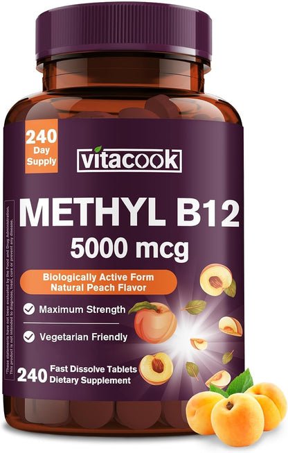 Vitacook Vitamin B12 Sublingual, Methylcobalamin 5000mcg, Natural Peach Flavour, 90 Fast Dissolve Tablets