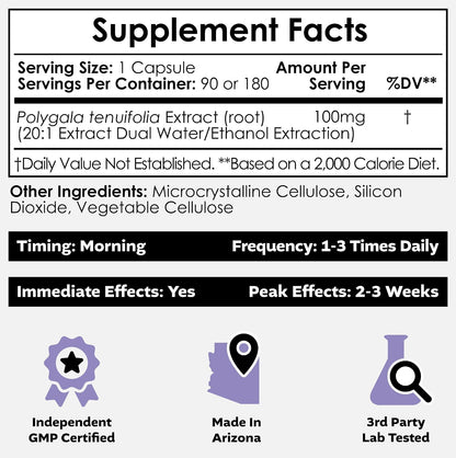 Nootropics Depot Polygala Tenuifolia Capsules | 100mg | 90 Capsules | 20:1 Extract | Yuan Zhi | Supports Cognitive Function, Learning and Memory | Helps Maintain Healthy Stress Levels | Adaptogen Supplement
