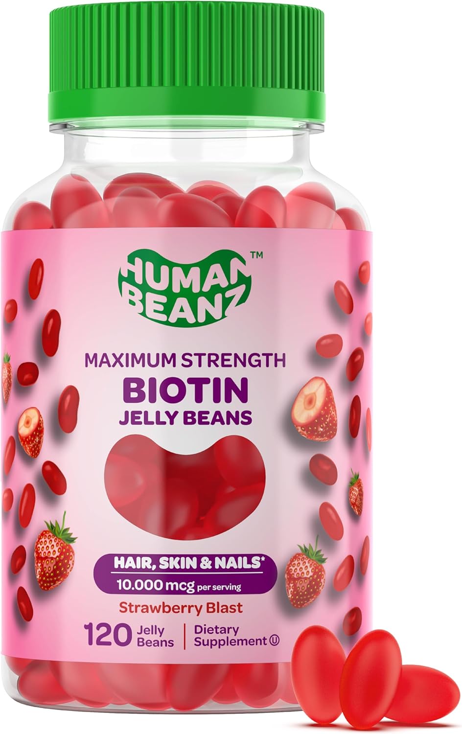 Human Beanz Biotin Jelly Bean Gummy Vitamins, 10,000mcg, for Hair, Skin & Nails - 120 Strawberry Blast Jelly Beans - görsel 1