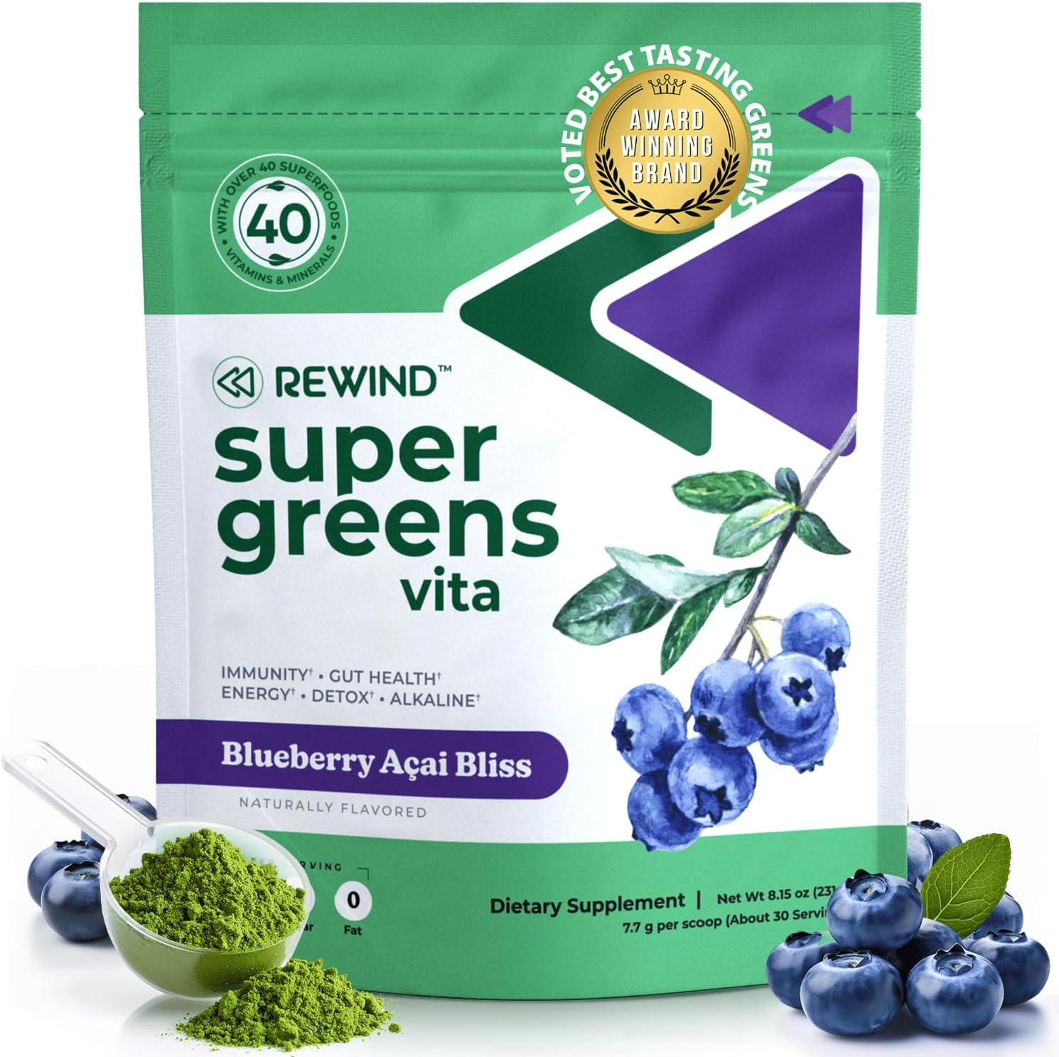 Rewind Best Tasting Super Greens Powder with 40+ Superfoods – Blueberry Acai - görsel 1