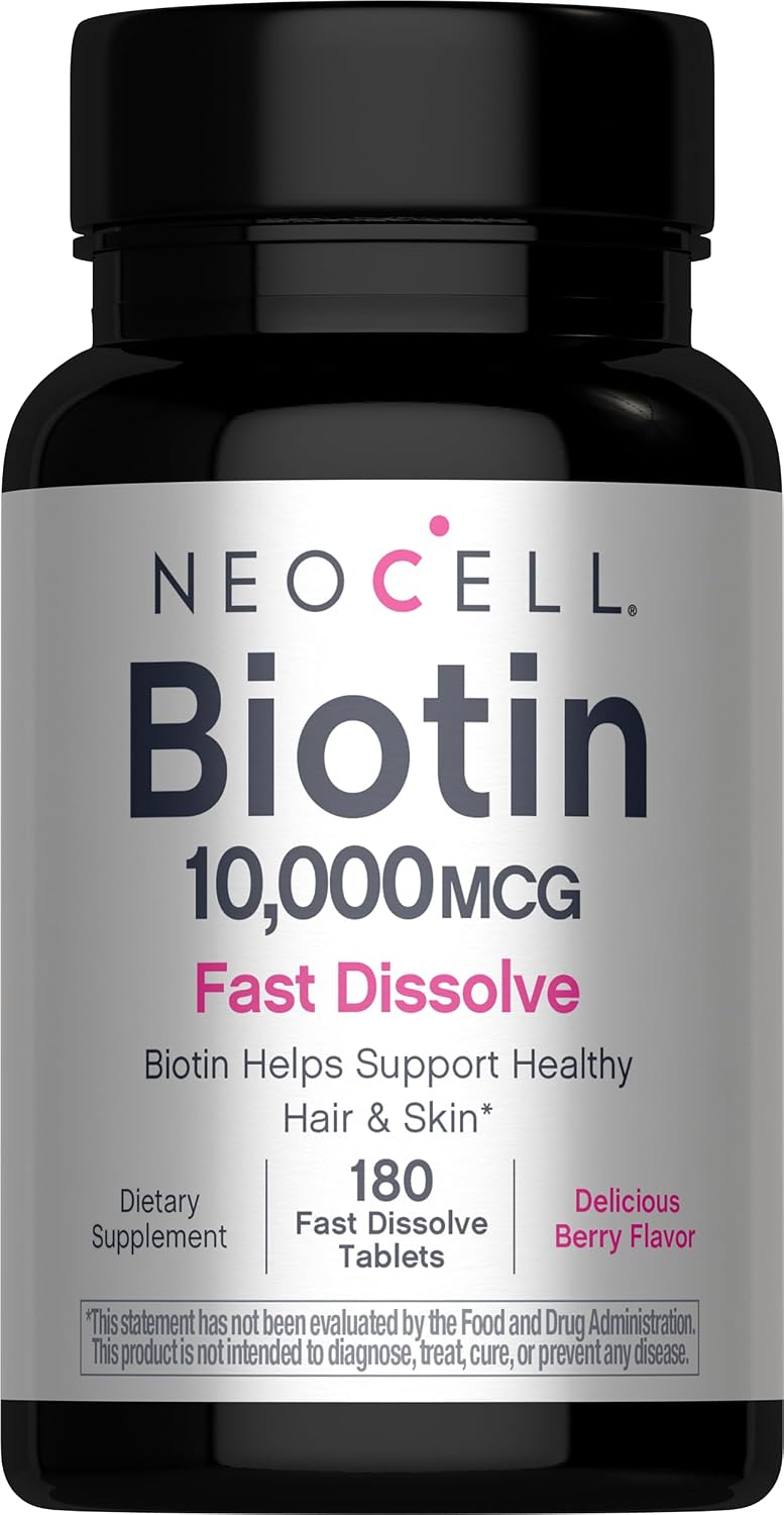 NeoCell Biotin 10000mcg Fast Dissolve Tablets | 180 Count | for Women and Men | Berry Flavour Supplement | Hair, Skin, and Nails - görsel 1