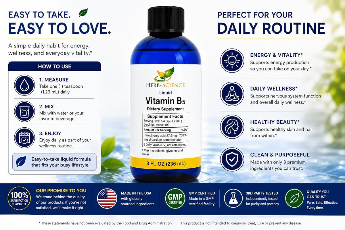 Liquid Vitamin B5 – 192 Servings – High Absorption Pantothenic Acid for Energy, Mood & Nerve Support – Vegan Non-GMO Alcohol Free – 236 ml - görsel 6