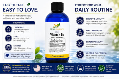 Liquid Vitamin B5 – 192 Servings – High Absorption Pantothenic Acid for Energy, Mood & Nerve Support – Vegan Non-GMO Alcohol Free – 236 ml