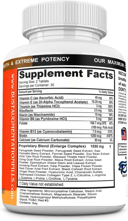 Bust Augmentation Tablets – Natural Support for Breast Health & Skin Tone. 60 Tablets