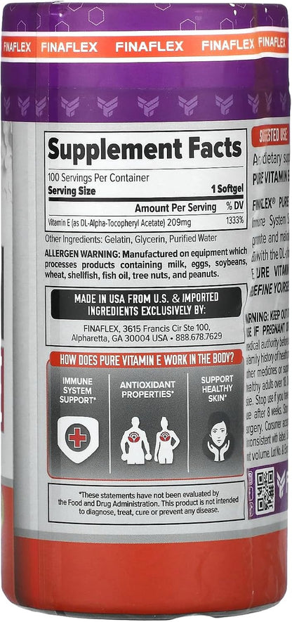 FINAFLEX PURE VITAMIN E - 100 Softgels - Immune System Support, Nourishes and Heals Skin - 100 Servings