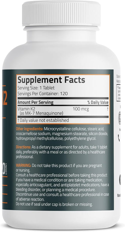 Bronson Vitamin K2 MK-7 100 mcg, 120 Tablets - Bone Health Support