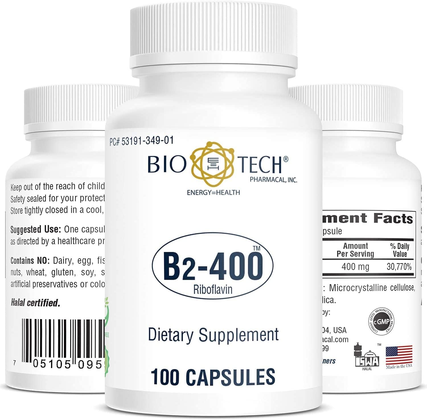 Bio-Tech Pharmacal B2-400, 100 Capsules – High-Purity Riboflavin – Supports Normal Energy Metabolism and Nervous System Function – Allergen-Free, Non-GMO – No Artificial Colours - görsel 2