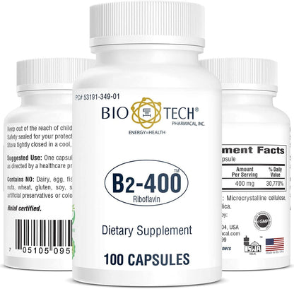 Bio-Tech Pharmacal B2-400, 100 Capsules – High-Purity Riboflavin – Supports Normal Energy Metabolism and Nervous System Function – Allergen-Free, Non-GMO – No Artificial Colours
