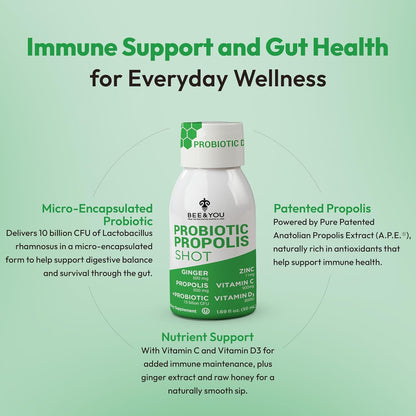 Bee and You Propolis Immunity Shot - Probiotic with Vitamin C, D3, Zinc, Ginger - 12 Pack