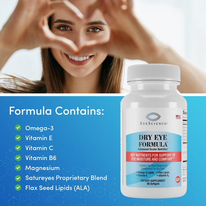 EyeScience Dry Eye Formula – 900mg Omega-3 Food Supplement for Dry Eyes with EPA DHA & Antioxidant Vitamins C and E, 90 Softgels