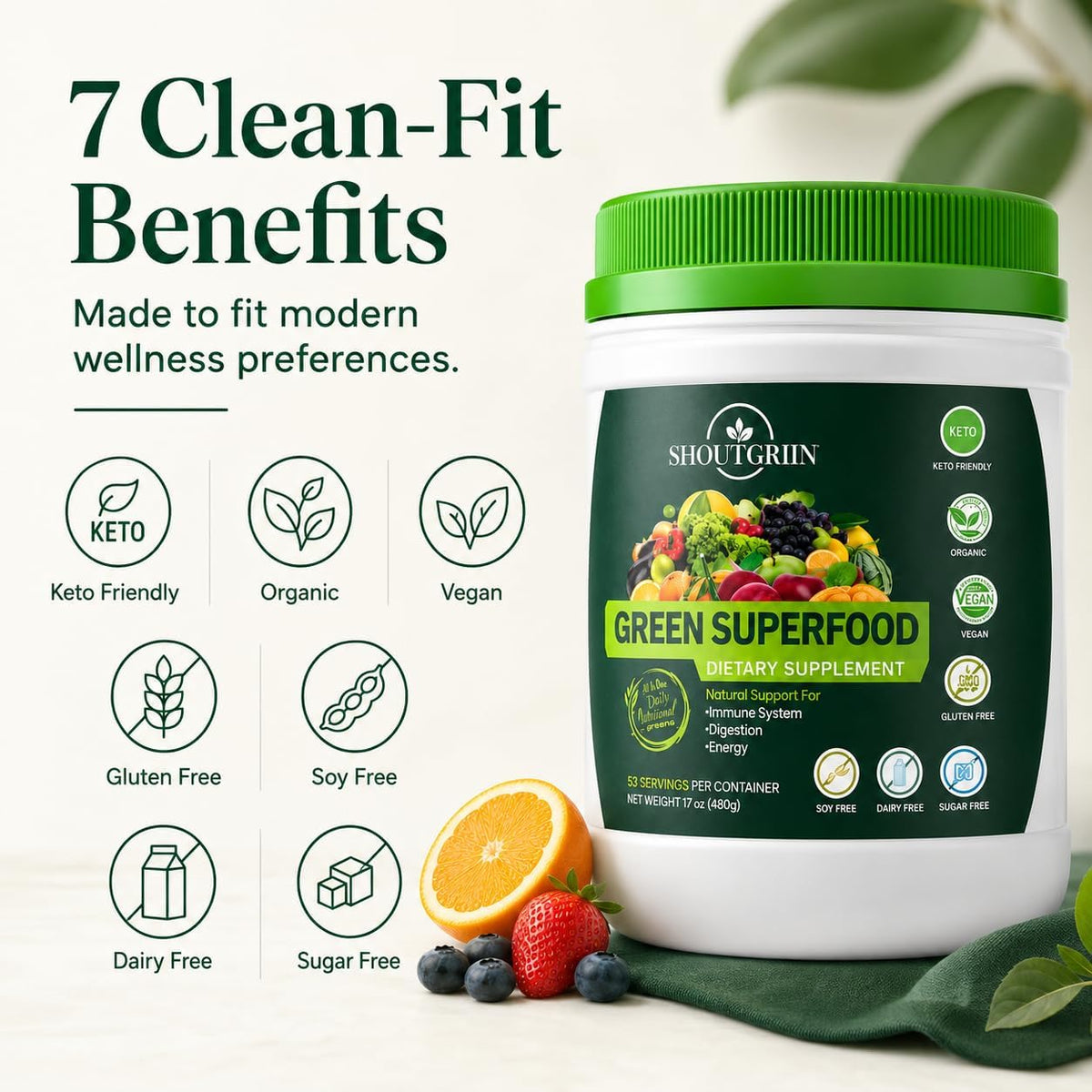 SHOUTGRIIN Green Superfood Powder – Organic Super Greens with 100 Billion CFU Probiotics & Digestive Enzymes - görsel 6