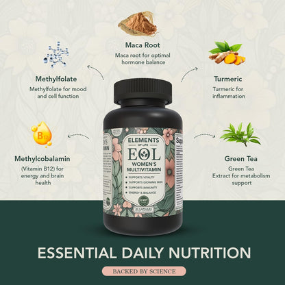 Elements of Life Multivitamin for Women – Daily Women’s Vitamins with Methylfolate, Organic Ingredients & Natural Supplements for Energy, Vitality & Health – Multivitamin for Women Hair & Skin Support
