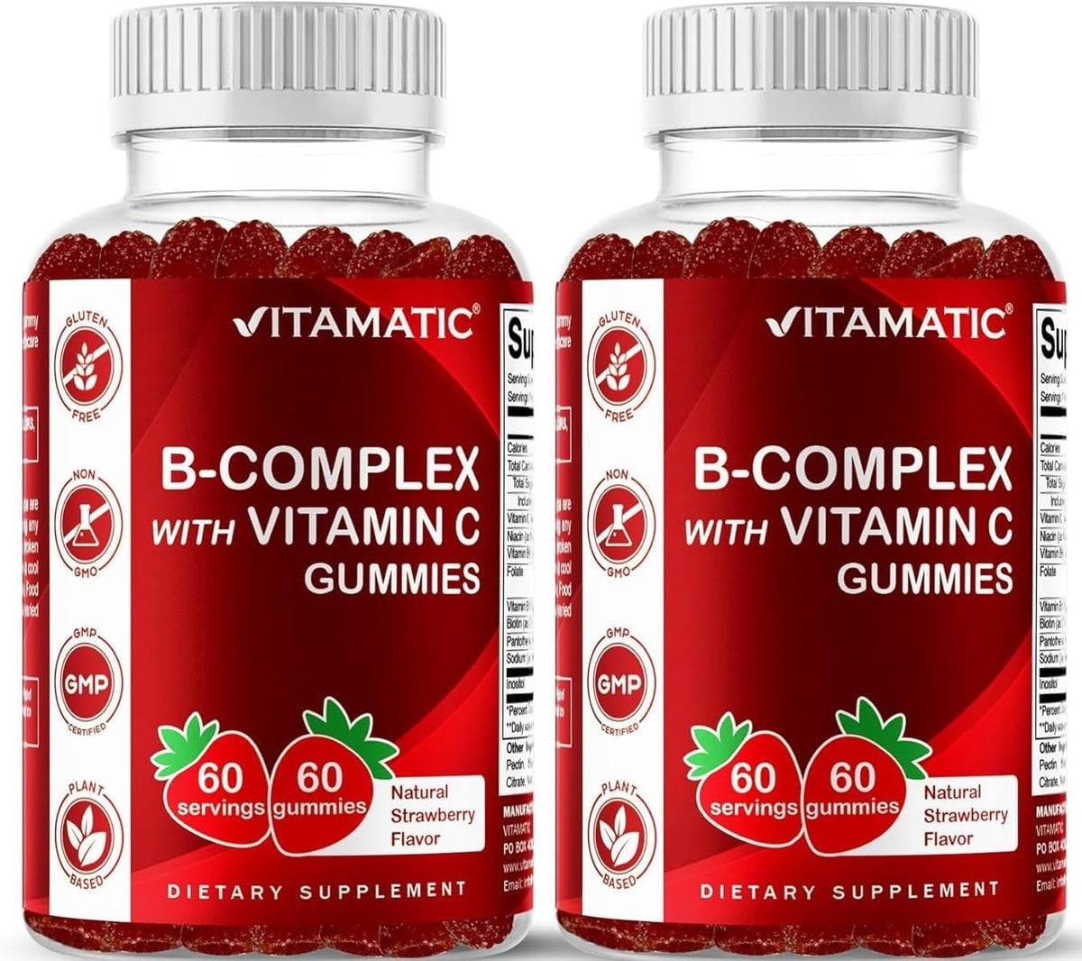 Vitamatic Vitamin B Complex Gummies with Vitamin C & Inositol - Natural Strawberry Flavour - 60 Gummies (2 Bottles) - görsel 1