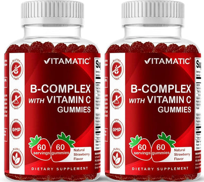 Vitamatic Vitamin B Complex Gummies with Vitamin C & Inositol - Natural Strawberry Flavour - 60 Gummies (2 Bottles)