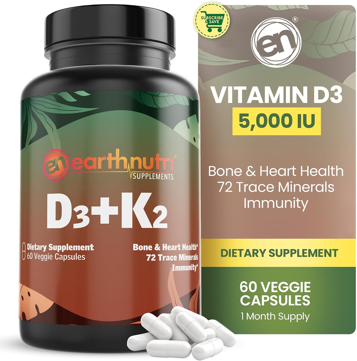 EarthNutri Vitamin D3 Plus K2 Supplement - 5000 IU with MenaQ7 K2, Vitashine D3 & Aquamin Calcium - Non-GMO - görsel 1