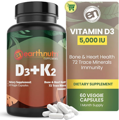EarthNutri Vitamin D3 Plus K2 Supplement - 5000 IU with MenaQ7 K2, Vitashine D3 & Aquamin Calcium - Non-GMO