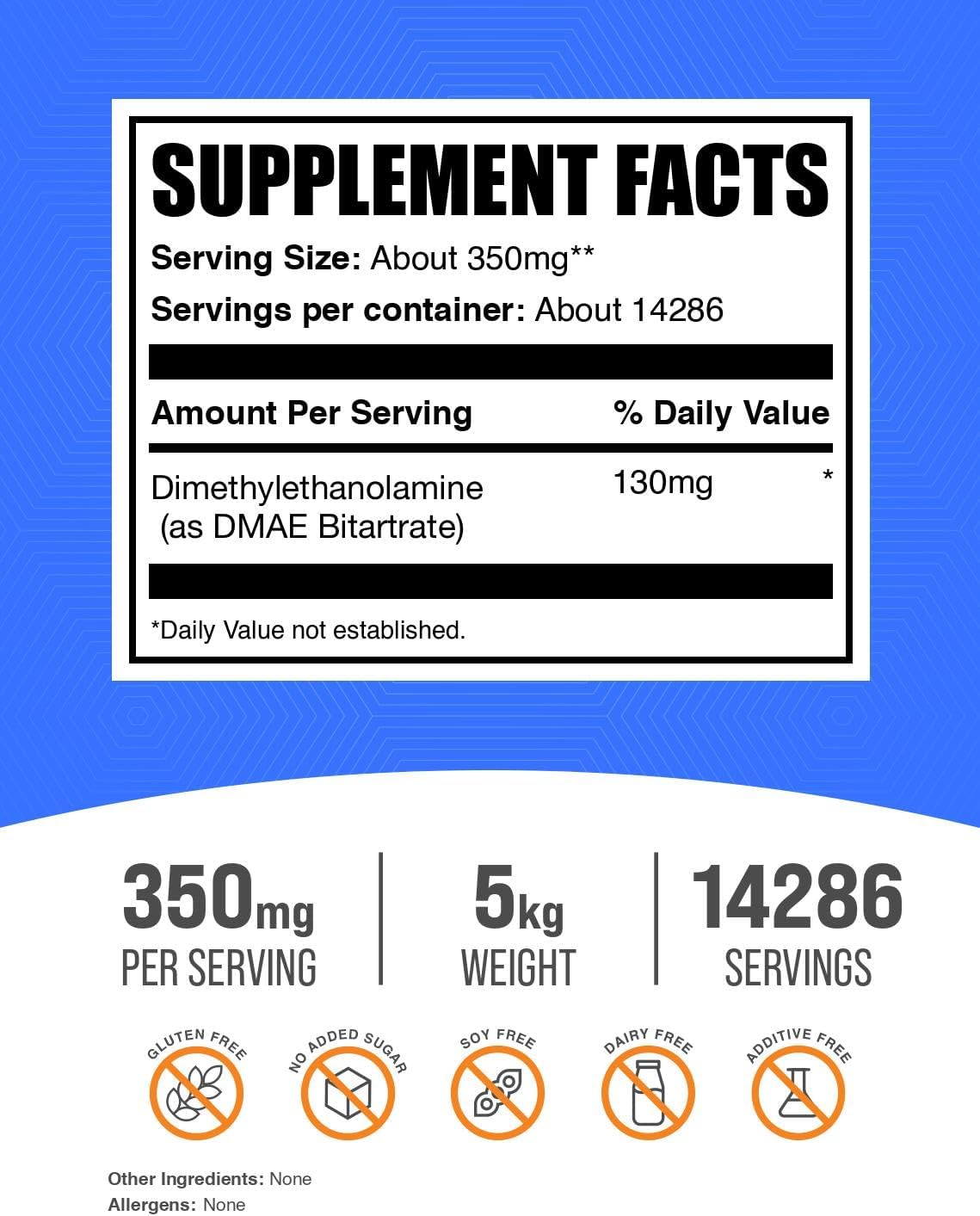 BulkSupplements.com DMAE Bitartrate Powder - Dimethylaminoethanol Bitartrate, DMAE Supplement - Unflavoured & Gluten-free, 350mg per Serving, 1kg (Pack of 5) - görsel 2