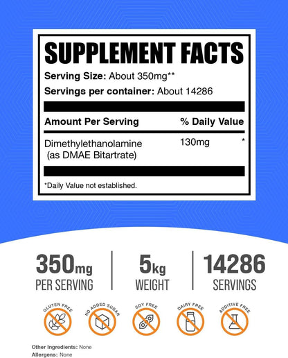 BulkSupplements.com DMAE Bitartrate Powder - Dimethylaminoethanol Bitartrate, DMAE Supplement - Unflavoured & Gluten-free, 350mg per Serving, 1kg (Pack of 5)