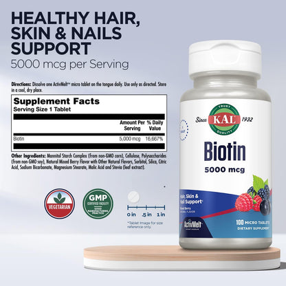 KAL 5000 mcg Biotin Tablets, Mixed Berry, 100 Tablets