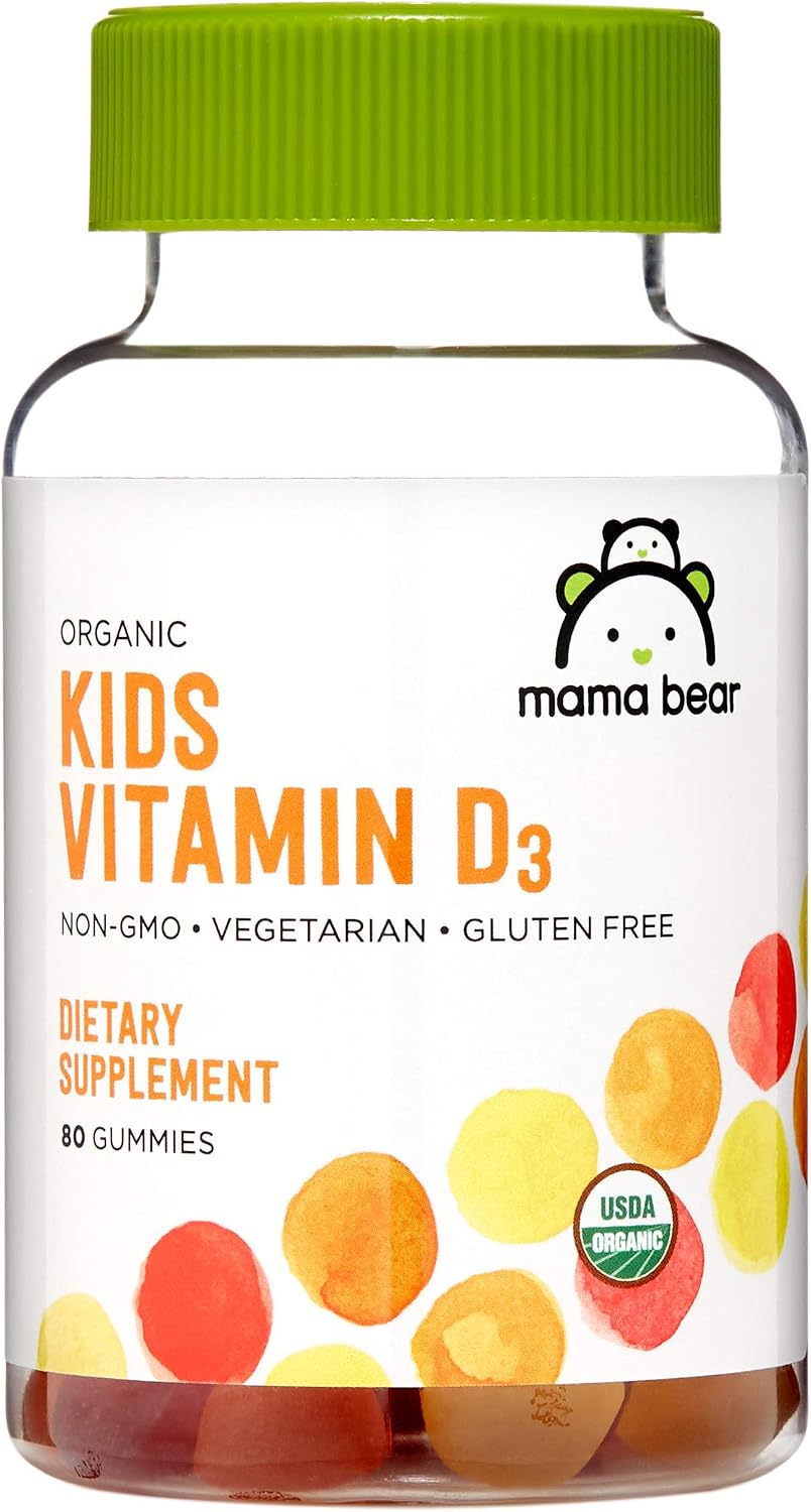 Mama Bear Organic Children's Vitamin D3 Gummies - 1000 IU - Bone and Immune Health - Strawberry, Lemon and Orange - 80 Gummies - görsel 1