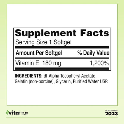Spring Valley Vitamin E 180 mg (400 IU) Food Supplement Softgels, 100 Count