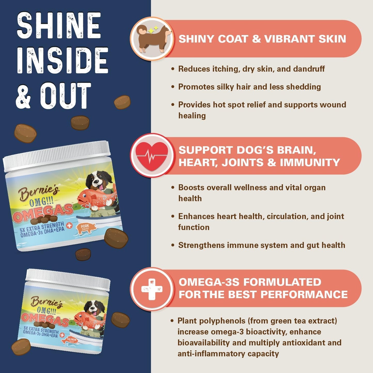 Bernie's OMG! Omegas Chews for Dogs - 5X Extra Strength DHA+EPA Fish Oil, Healthy Skin & Coat, Allergy Relief, Joint Support (Salmon Flavour) - görsel 3