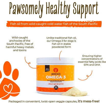 Pawsomely Healthy Omega-3 for Dogs – Mess-Free Powder Capsules, Wild-Caught Anchovy Oil – 90 Count