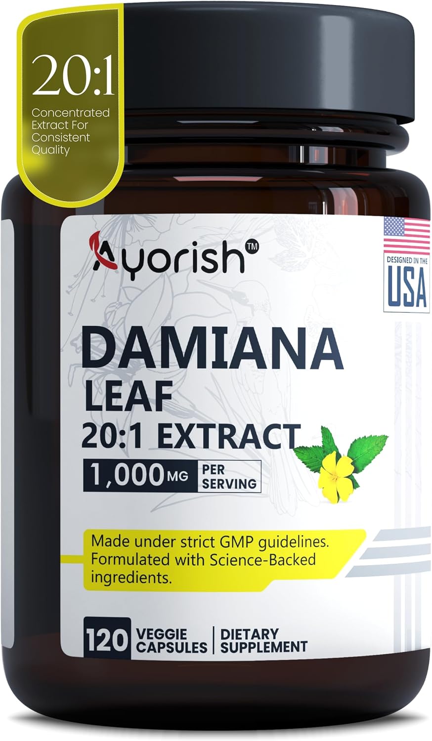 Damiana Capsules 1000mg 120 Count - 20:1 Extract - Vegan Non-GMO Herbal Supplement - görsel 1