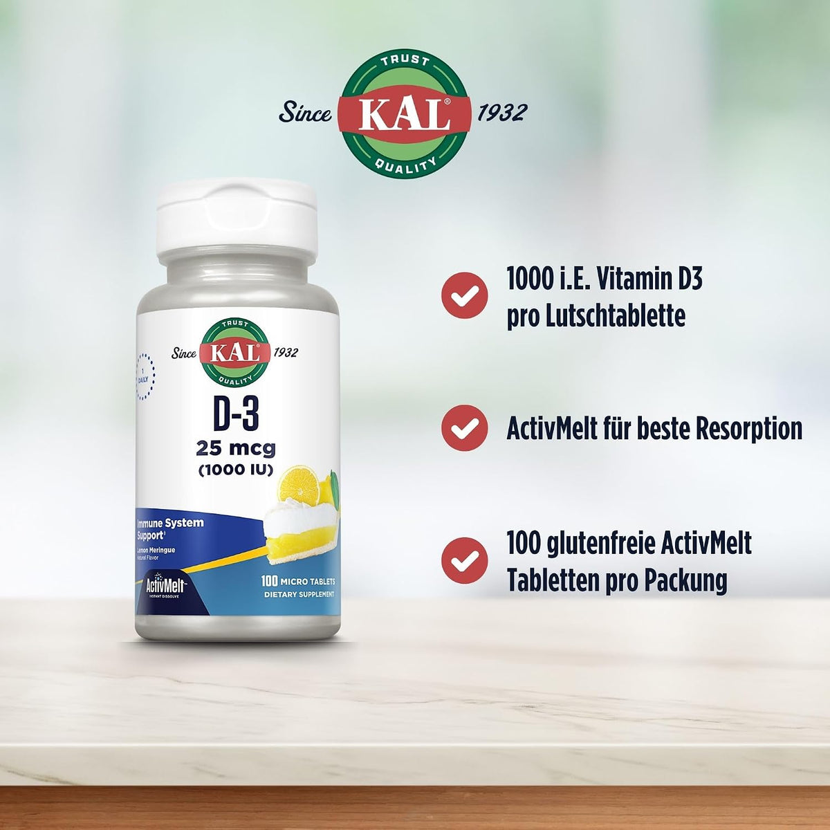 KAL Vitamin D-3 1000 IU | Natural Lemon Flavour ActivMelt Micro Tablets | Contributes to Normal Immune Function & Bone Health | 100 Tablets - görsel 3