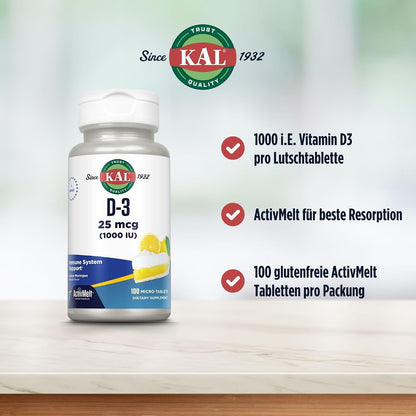 KAL Vitamin D-3 1000 IU | Natural Lemon Flavour ActivMelt Micro Tablets | Contributes to Normal Immune Function & Bone Health | 100 Tablets